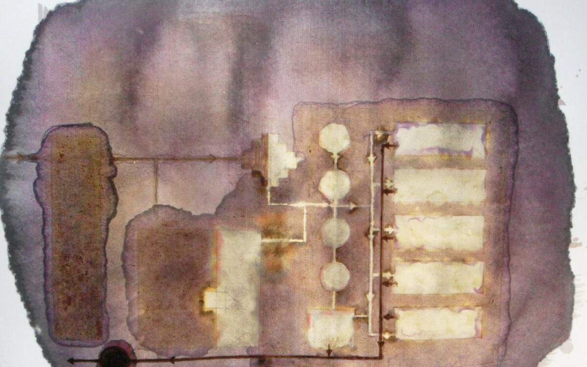 Ink and bleach drawing of a biological research facility